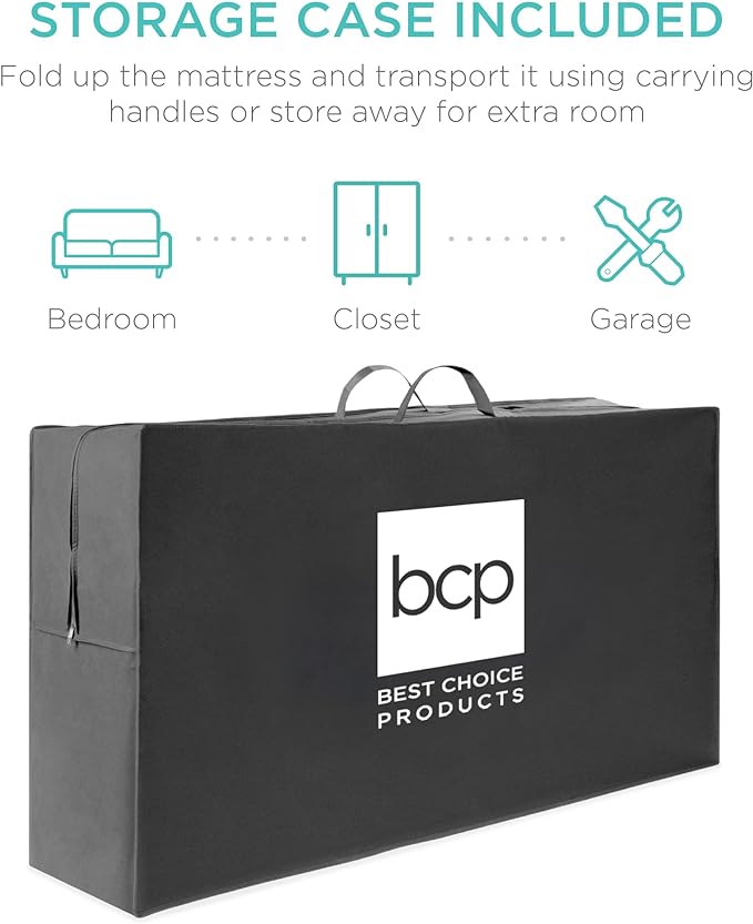 Best Choice Products 4in Portable Queen-Size Mattress, Tri-Fold Mattress for Camping, Guest, Toddler, Foam Plush w/Carry Case - Grey