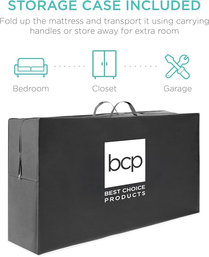 Best Choice Products 4in Portable Queen-Size Mattress, Tri-Fold Mattress for Camping, Guest, Toddler, Foam Plush w/Carry Case - Seafoam