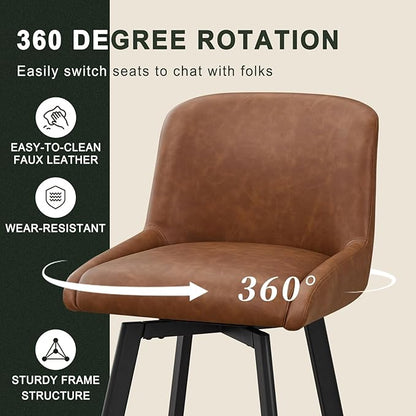 Swivel Bar Stools Set of 4, 30''H Upholstered Barstools with Backs, Modern Counter Height Bar Stool Chairs for Kitchen Island, Metal Legs, Faux Leather, Brown Counter Stools