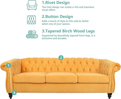 2 Piece Living Room Sofa Set, 3 Seater Velvet Sofa Couch and Chair Set, Mid Century Modern Upholstered Couch with Cushions, Comfy Tufted Chesterfield Couches for Living Room, Bedroom, Office