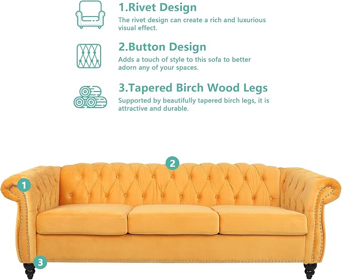 Chesterfield 3 Seater Sofa, Modern Velvet Tufted Couch 3 Seater with Rolled Arms and Nailhead Mid-Century Upholstered Couch for Living Room, Bedroom, Apartment and Office, Yellow