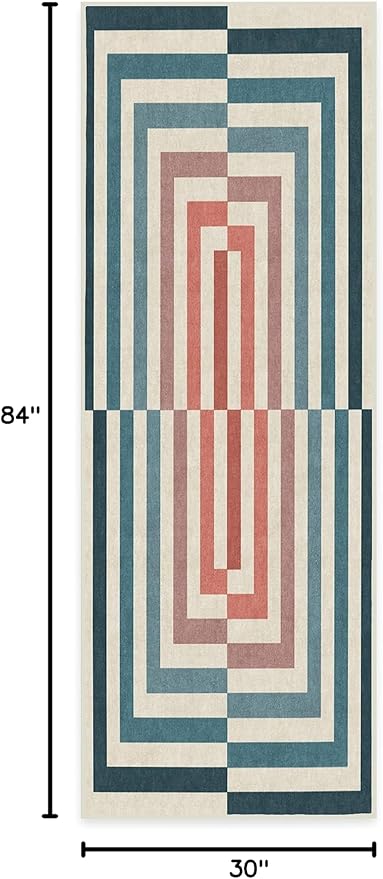 RUGGABLE x Jonathan Adler Machine Washable Modern Runner Rug – Op Art Teal 2.5x7, Stain-Resistant, Non-Slip – Washable Rug for Hallway, Entryway, Living Room & Kitchen–with Standard Pad