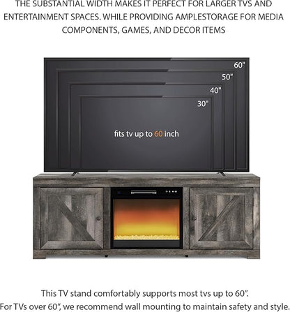 Signature Design by Ashley Wynnlow Farmhouse 63" TV Stand for TVs up to 72" with Electric Fireplace, Light Gray