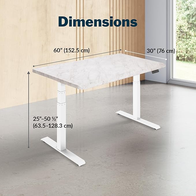 Vari ComfortEdge 60x30 Inch Adjustable Electric Standing Desk – Limited Edition Sit Stand VariDesk with Memory Presets & Sloped Front Edge + Tool-Free Assembly (Marble/White Legs)