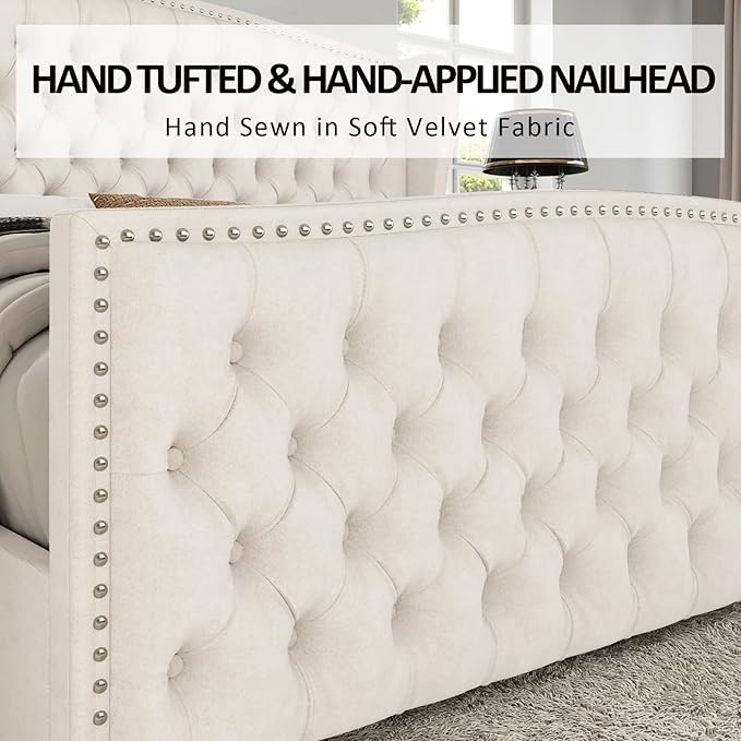 AMERLIFE King Size Platform Bed Frame, Velvet Upholstered Bed with Deep Button Tufted & Nailhead Trim Wingback Headboard/No Box Spring Required/Cream