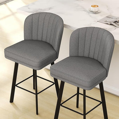Swivel Counter Height Bar Stools Set of 2, 26'' Modern Barstools with Backs and Metal Legs, Upholstered Bar Chairs,Mid-Gray,Fabric Stools for Kitchen Island Chairs
