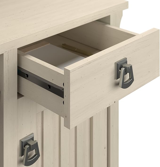 Bush Furniture Distressed Finish Options Include a Cream Colored Antique White, Pure White with Shiplap Gray, Cape Cod Gray, Vintage Black, Ash Brown, Reclaimed Pine and Driftwood Gray