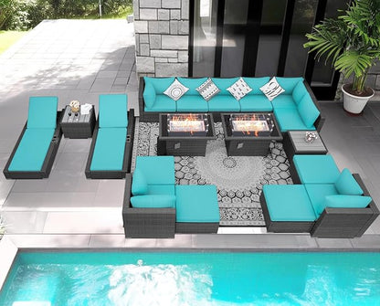 NICESOUL 18 Piece Outside Patio Set with Firepit and Loungers, Luxury Huge Complete Outdoor Sectional Sets with Fire Pit Table, 14-Seater Wide Deep Seated Sofa Modular for Deck,Poolside Gray&Turquoise