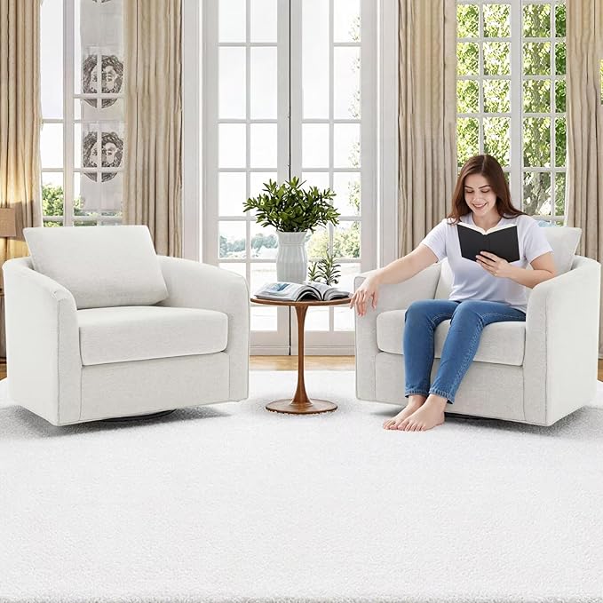 MINCETA Accent Chairs Set of 2, 360° Swivel Barrel Chair with High Density Foam, Oversized Reading Chair with Performance Fabric Upholstered Armchair for Living Room, Bedroom, Apartment White