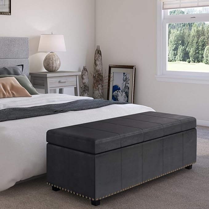 SIMPLIHOME Kingsley 48 inch Wide Transitional Rectangle Large Storage Ottoman in Distressed Black Vegan Faux Leather, Assembled for the Living Room, Entryway and Family Room