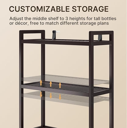 Gizoon Over The Toilet Storage, 3 Tier Bamboo Bathroom Organizer with Adjustable Shelf, Freestanding Above Toilet Stand, Bathroom Storage Shelf Rack