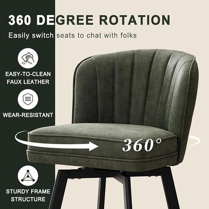 Swivel Counter Height Bar Stools Set of 3, 26'' Modern Barstools with Backs and Metal Legs, Upholstered Bar Chairs, Faux Leather Green Stools for Kitchen Island Chairs