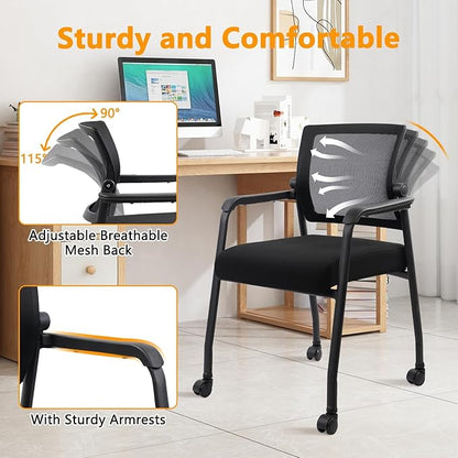 4PK Office Guest Chairs No Wheels | Ergonomic Lumbar Support and Thicked Seats Cushion, Desk Chair with Adjustable Mesh Back for Waiting Room School Church Reception，Black