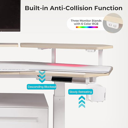 EUREKA ERGONOMIC Standing Desk,63" Electric Adjustable Height Computer Desk,Wing Shaped Music Studio Desk, LED Monitor Stands, Dual Motor&Slot, Maple