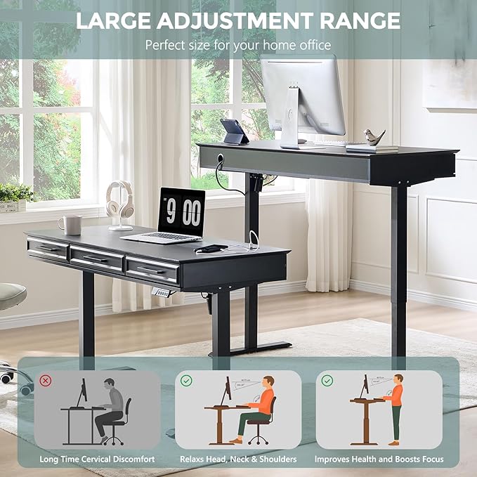 55x22 Inch Electric Standing Desk with One-Piece Desktop, Adjustable Height Computer Desk with 3 Storage Drawers & Power Outlets, Sit to Stand Up, Gaming Table for Home Office and Study, Black