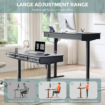 55x22 Inch Electric Standing Desk with One-Piece Desktop, Adjustable Height Computer Desk with 3 Storage Drawers & Power Outlets, Sit to Stand Up, Gaming Table for Home Office and Study, Black