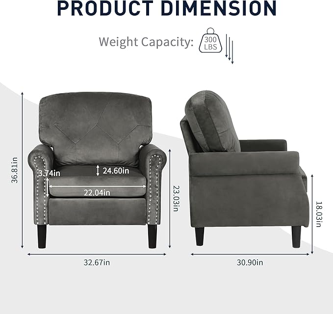 Accent Chairs for Living Room, Set of 2 Mid-Century Modern Upholstered Armchairs, Comfy Velvet Chair w/Wood Legs & Nailhead Trim, Wingback Chair for Bedroom, Grey