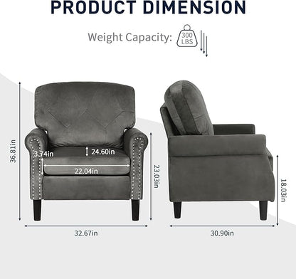 Accent Chairs for Living Room, Set of 2 Mid-Century Modern Upholstered Armchairs, Comfy Velvet Chair w/Wood Legs & Nailhead Trim, Wingback Chair for Bedroom, Grey