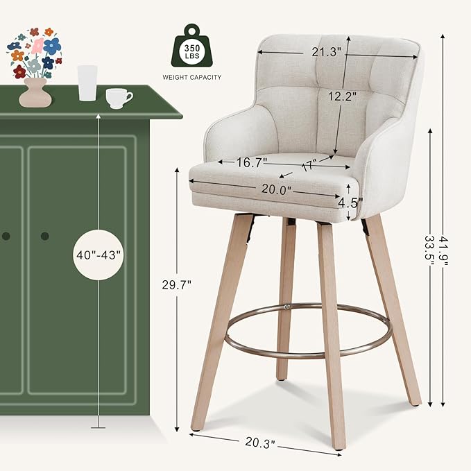 360°Swivel Counter Height Bar Stools with Back, 30 inch Solid Wood Legs, Bar Stool Modern Kitchen Island Chairs, Fabric (Beige- Fabric, 30" H- Set of 4)