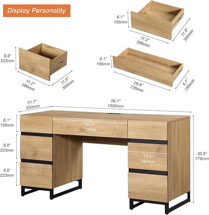 WAMPAT 59" Modern Executive Desk with Drawers, Wood Computer Writing Desk with Charging Station, Office Desk with File Drawer, Study Table for Bedroom, Living Room, Home Office, Oak