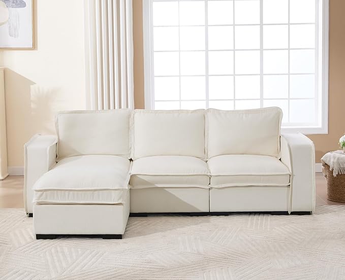 EALSON 93" Modular Sectional Sofa Comfy Cloud Couch with Ottoman Modern Convertible L Shape Couches with Wooden Legs Linen Deep Seat Couch 4-Seater Sofa for Living Room/Apartment, White