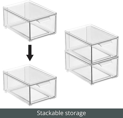 mDesign Stackable Storage Containers Box with 2 Pull-Out Drawers - Stacking Plastic Drawer Bins for Closet Organization, Linen, Coat, Bedroom or Entryway Closets - Lumiere Collection - 2 Pack - Clear