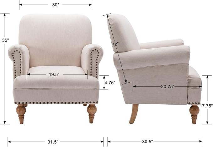 Linen Accent Chairs Set of 2 Mid-Century Modern Living Room Armchair with Nailhead Trim & Wood Legs Comfy Upholstered Single Sofa Chair for Lounge/Bedroom/Reception, Cream