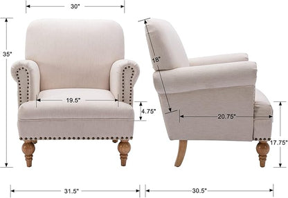 Linen Accent Chair Mid-Century Modern Living Room Armchair with Nailhead Trim & Wood Legs Comfy Upholstered Single Sofa Chair for Lounge/Bedroom/Reception, Cream