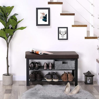 SONGMICS Shoe Bench, 3-Tier Shoe Rack for Entryway, Storage Organizer with Foam Padded Seat, Faux Leather, Metal Frame, for Living Room, Hallway, 12.2 x 31.9 x 19.3 Inches, Brown ULBS58Z