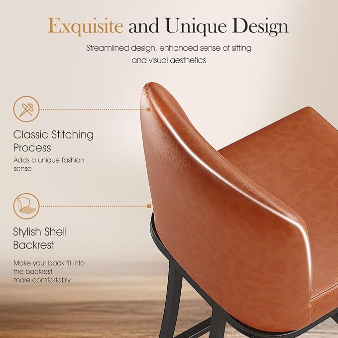 Sophia & William Counter Height 24" Bar Stools Set of 2 for Kitchen Island,Modern PU Leather Bar Stools with Backrest,Upholstered Counter Stools Sturdy Chromed Metal Frame,Brown