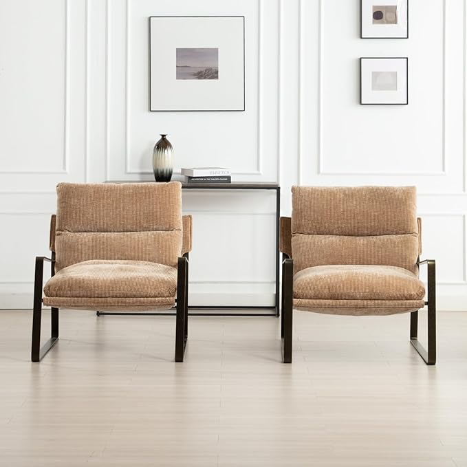 HEAH-YO Modern Accent Chairs Set of 2, Upholstered Chenille Living Room Chairs with Bronze Metal Legs, Comfy Arm Side Chairs for Bedroom, Khaki