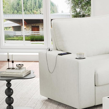 Christopher Knight Home Zoe Oversized Chaise Lounge Chair Indoor with Cup Holders & USB Charging Port, Corduroy Upholstered Sofa Bed + Ottoman with Storage, Comfy Deep Seat Sleeper Sofa Chair, Beige