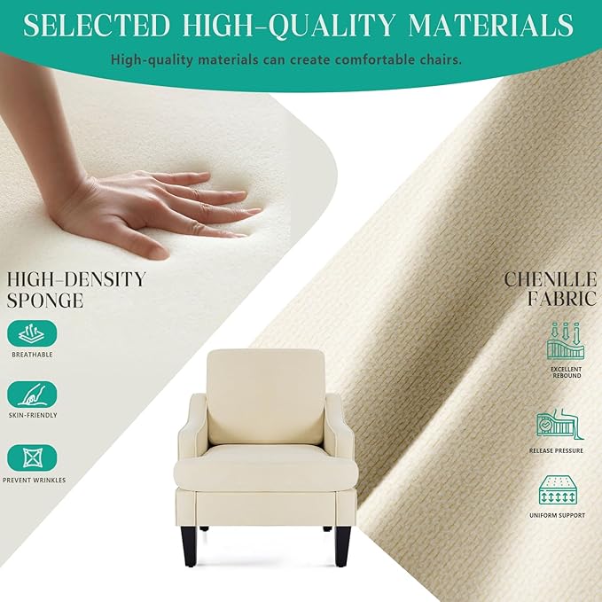 Modern Accent Chairs Set of 2 Upholstered Reading Chair for Bedroom with Side Pockets Comfy Living Room Chairs Living Room Armchair for Office, Apartment (Beige)