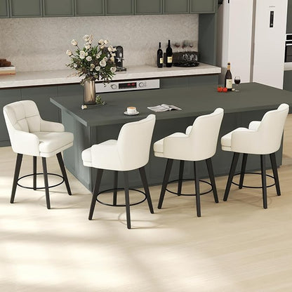 360°Swivel Counter Height Bar Stools with Back, 26 inch Solid Wood Legs, Bar Stool Modern Kitchen Island Chairs, Faux Leather (Beige- Faux Leather, 26" H- Set of 3)