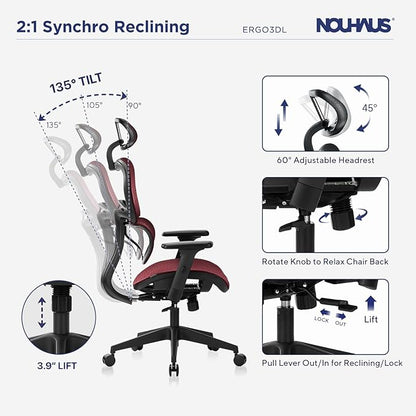 Nouhaus Ergo3dL Home Office Desk Chairs Ergonomic Office Chair High-Back Mesh Rolling Work Chairs with Wheels and Adjustable Headrests Comfortable Lumbar Support Adjustable Armrests(Burgundy)
