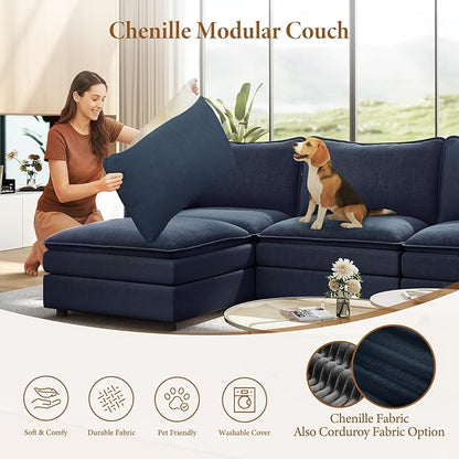 Vesgantti 108" V-Shaped Corner Couch Sectional, 7 Seat Customizable Modular Cloud Couches with Movable Ottoman, Chenille Deep Seat Sofa Set with Chaise for Living Room, Bedroom and Apartment, Blue