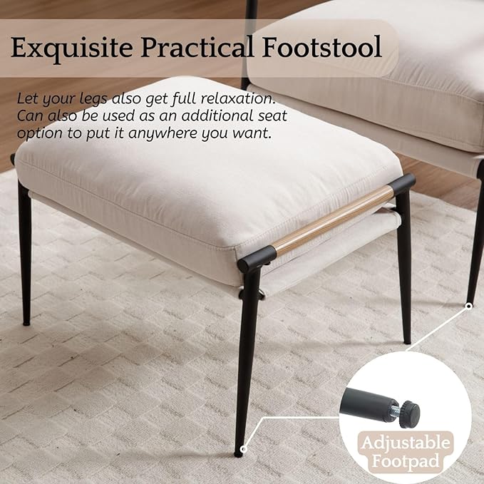 LukeAlon Mid-Century Chenille Accent Chairs with Ottoman Set of 2, Soft Living Room Chairs with Metal Legs Modern Upholstered Armchairs Lounge Chair with Footstool for Bedroom Reading Room, Beige