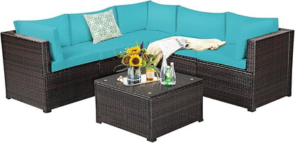 Tangkula 6 Pieces Patio Furniture Set, Outdoor Rattan Sofa Set, Wicker Conversation Set w/Tempered Glass Coffee Table & Cushions, Sectional Sofa Set for Backyard, Garden, Balcony, Poolside