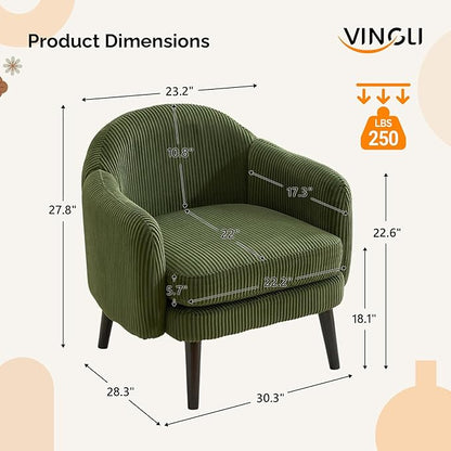 VINGLI 30.3" Wide Modern Barrel Accent Armchair with Track Armrest, Solid Wooden Legs, Comfy Upholstered Club Chair,Round Single Home Sofa for Living Room, Bedroom, Reading Room, Corduroy Green