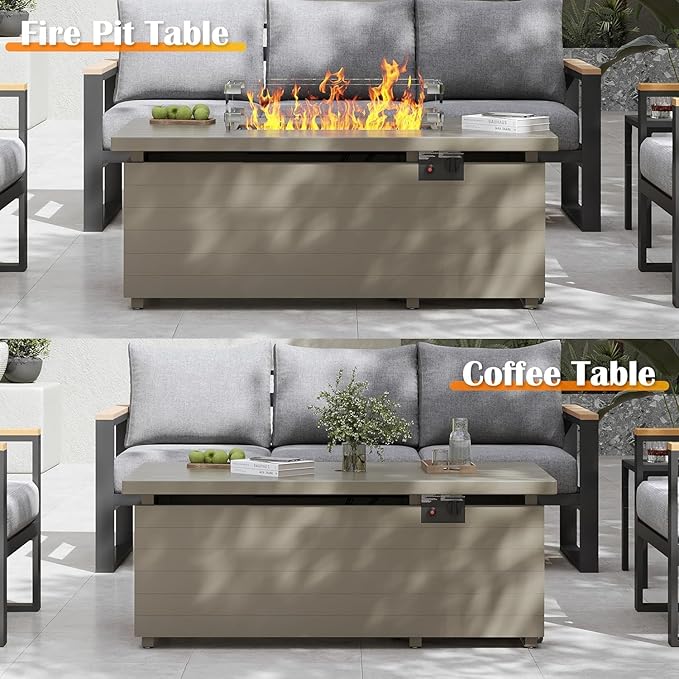 Sundale Outdoor 7 Pieces Patio Furniture Set with Fire Pit Table, L-Shaped Outdoor Sectional Sofa with 6 Inch Olefin Cushion, All-Weather Modern Metal Outdoor Conversation Sets (6 Seats,Green Frame)