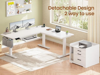 SEDETA L Shaped Electric Standing Desk with File Cabinet, 63 x 53'' Height Adjustable Home Office Computer Desk with Drawers, Power Outlet, Stand up Gaming Table with Led Lights, Keyboard Tray, White
