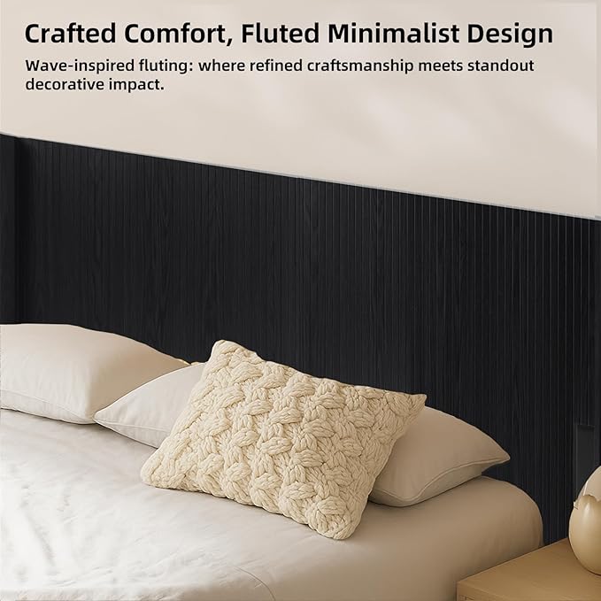 KEIKI Wooden King Size Headboard Only, 80.2" Wide Farmhouse Headboards with Wall Mounted Fluted Panel & Wingback for Bedroom, Black Oak