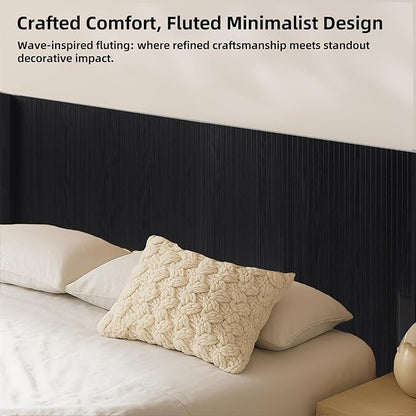 KEIKI Wooden King Size Headboard Only, 80.2" Wide Farmhouse Headboards with Wall Mounted Fluted Panel & Wingback for Bedroom, Black Oak