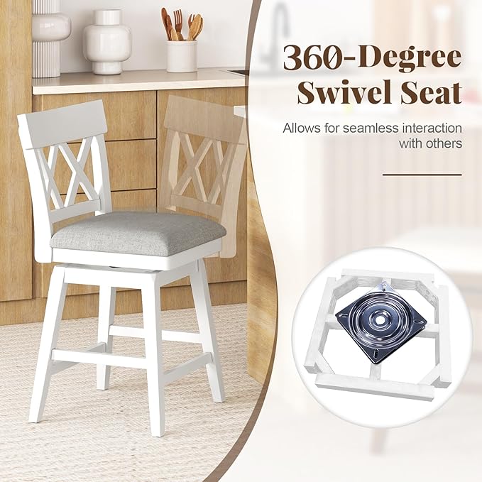 COSTWAY Bar Stool Set of 4 for Kitchen Island, 26" Counter Height Chair with Ergonomic Backrest, Foot Rest, Padded Seat & Solid Wood Structure, 360°Swivel Farmhouse Barstool with Back