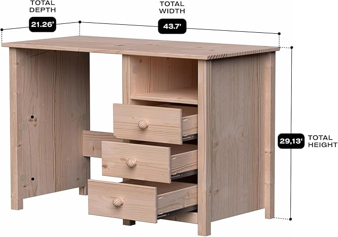 From the Tree Furniture Solid Wood Desk with Drawers – Compact Study Desk for Kids & Adults, Space-Saving Home Office Writing Table, Real Pine Construction
