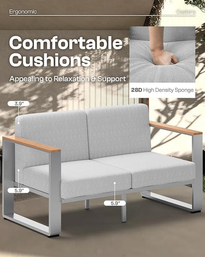Outdoor Patio Furniture Set, 7 Seats Outdoor Patio Conversation Sets with Ergonomic Seat and Wide Washable Thick Cushions, Modern Patio Sectional Furniture for Balcony, Porch（Teak-Gray