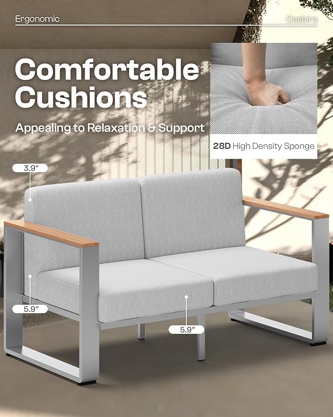 Aluminum Outdoor Furniture Set, 4 Seats Outdoor Patio Conversation Sets with Ergonomic Seat and Wide Washable Thick Cushions, Modern Patio Sectional Furniture for Balcony, Porch (Teak-Gray)