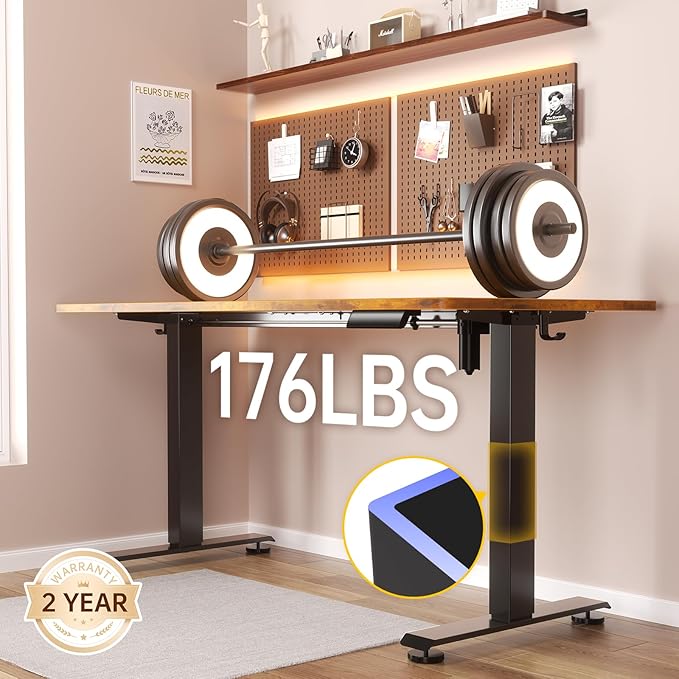 Veken 55 Inch Large Electric Standing Desk, Heights Adjustable, Sit to Stand Up, Work Home Office Computer Table for Study, Walking Pad, Writing, and Games, Wooden Desktop Desks, Brown