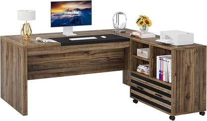 Tribesigns 62.2" Executive Desk with Mobile File Cabinet, L-Shaped Office Desk with Storage Shelves, Large Computer Desk Business Workstation Set for Home Office, Light Brown
