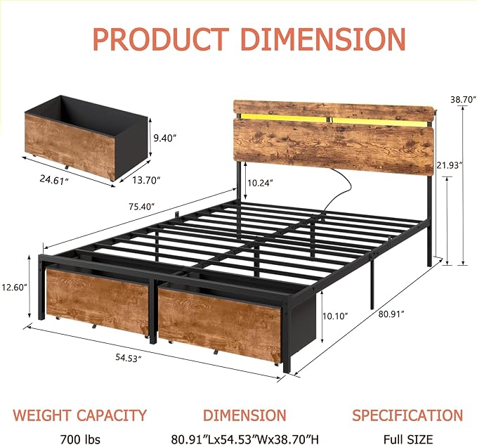 Forestell Full Size Bed Frame with Wood Headboard, Metal Platform Bed with 2 Storage Drawers & Shelf, Built in Charging Station & LED Lights, No Box Spring Needed, Vintage Brown, Camas Full